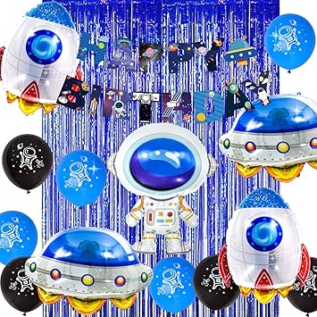 Theme De L Espace Fournitures De Fete D Anniversaire Astronaute Fusee Ballons Ufo Rideaux A Franges Ballons De L Espace Banniere D Anniversaire Theme De La Science De L Espace Amazon Fr Jeux Et Jouets
