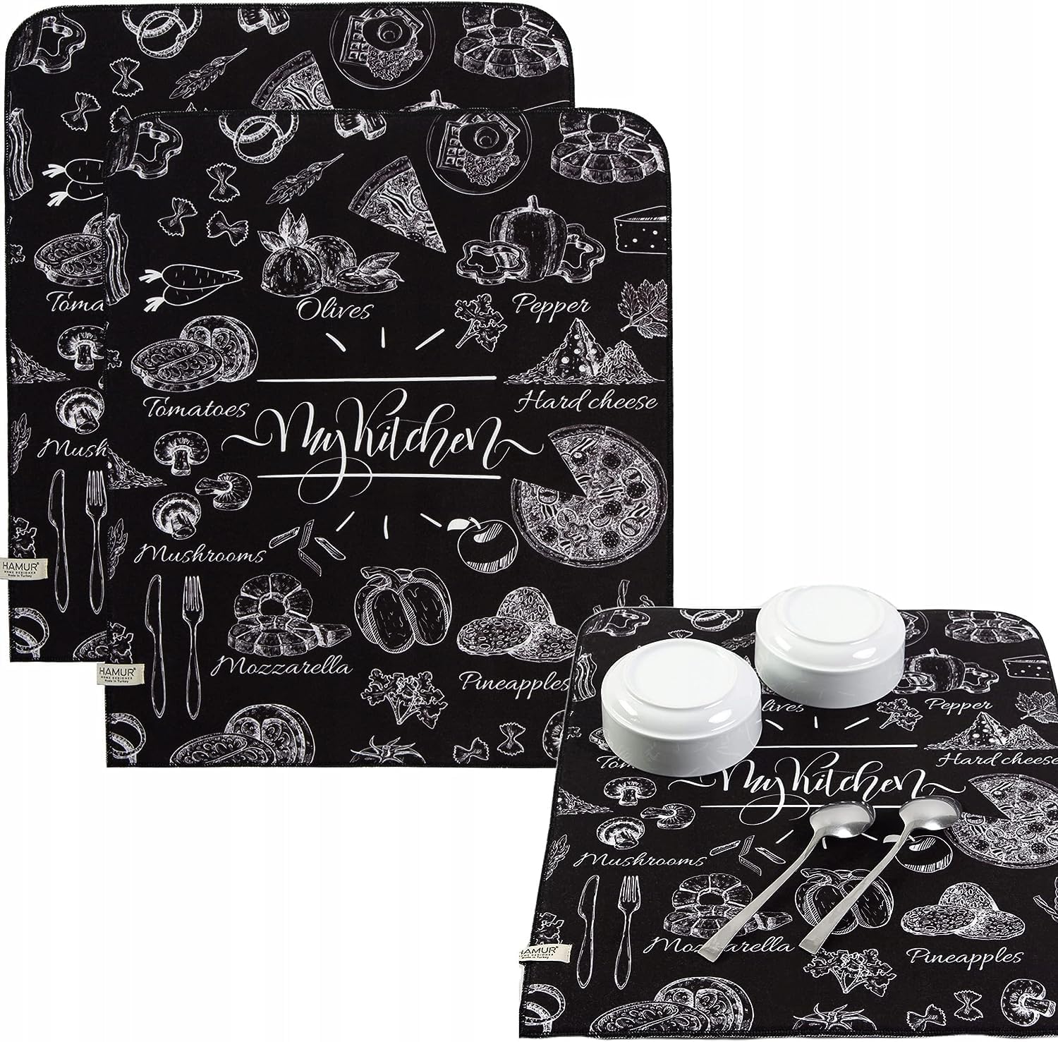 HAMUR HOME Microfibre Dish Drying Mat for Kitchen Counter Set of 2, 46 X 40 cm HIGHLY ABSORBENT Quick-Drying Sink Drainer Mats, Draining Board Mat, Washing Up Drying Mats