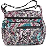 F.FETIVIN Women Floral Shoulder Handbag Roomy Multiple Pockets Bag Ladies Crossbody Lightweight Nylon Travel Purses