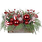 Christmas Centerpiece for Table 11 Inch Red and White Holiday Arrangement | Rustic Wooden Box Table Arrangement with Candy Canes Ornaments Red Berries Pine Branches for Dining Room Mantel Home
