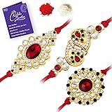 Sukkhi Resplendent Gold Plated Kundan Rakhi Combo (Set of 3) with Roli Chawal and Raksha Bandhan Greeting Card For Men