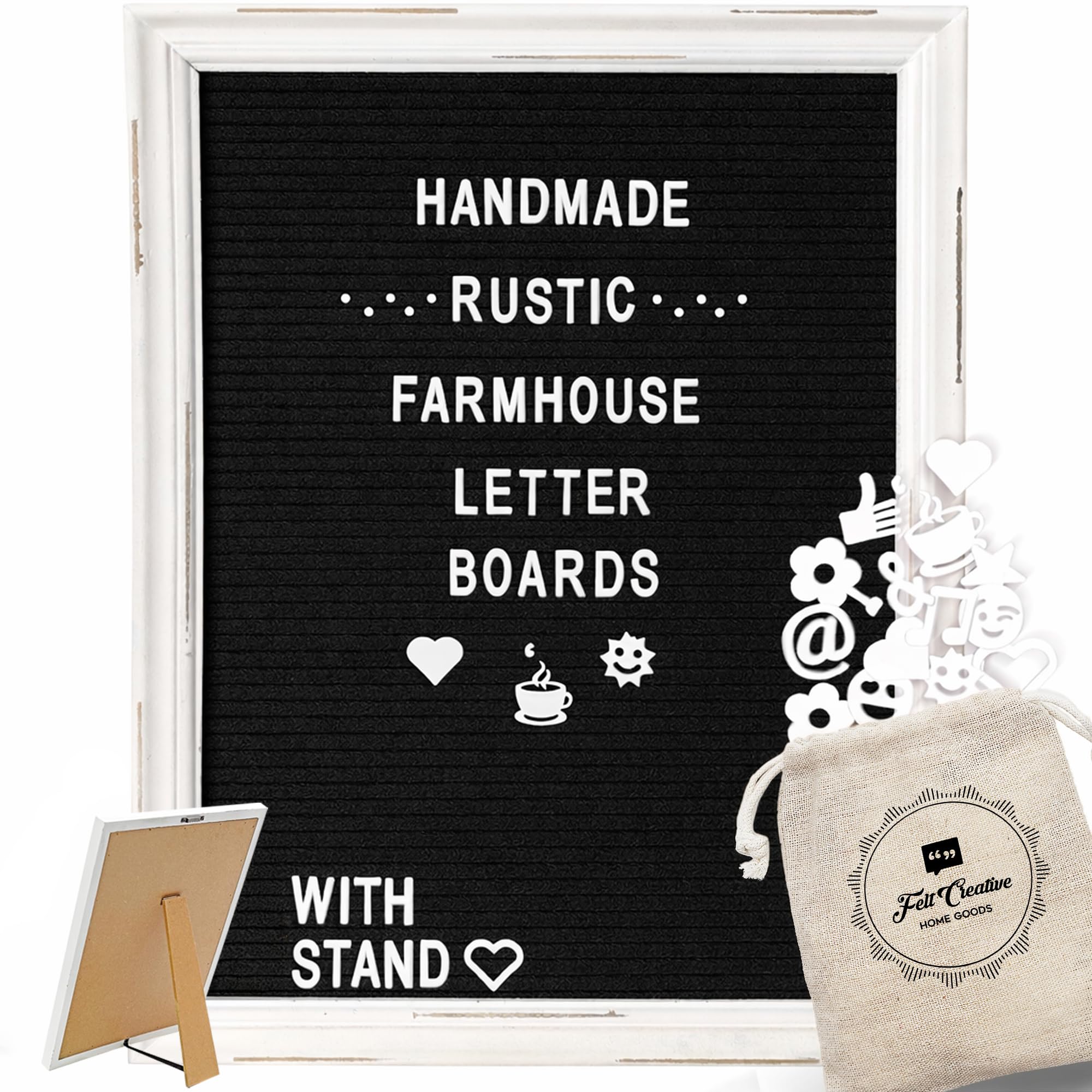 Large Felt Letter Board with Rustic White Wood Farmhouse Vintage Frame and Stand by Felt Creative Home Goods Changeable Message Board Wooden Pegboard 350 White Alphabet, Numbers, Emojis (Black, 12x16)