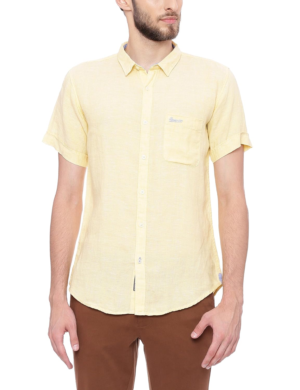 Buy BASICS Casual Plain Yellow 100 Linen Slim Shirt at Amazon.in