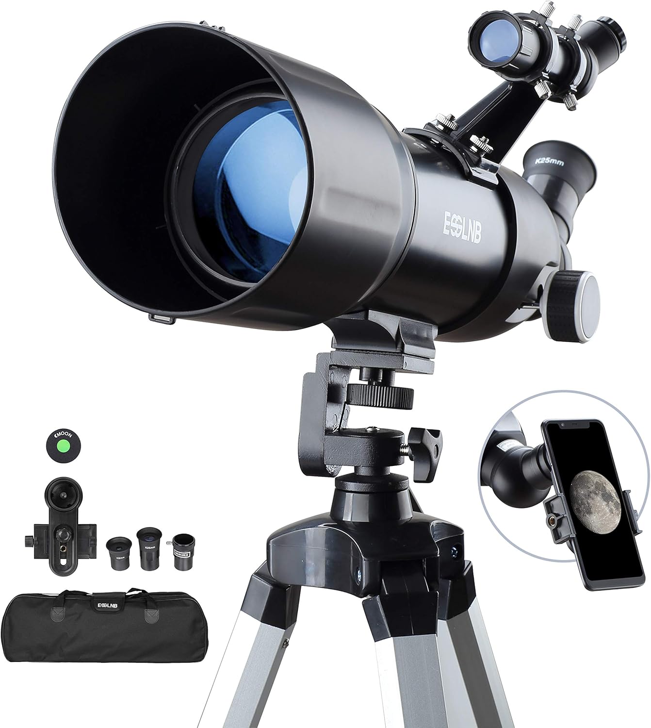 ESSLNB Telescopes for Adults Astronomy Beginners Kids 400X80mm with 10X Smartphone Adapter Adjustable Tripod Case and Moon Filter Erect-Image Diagonal Prism