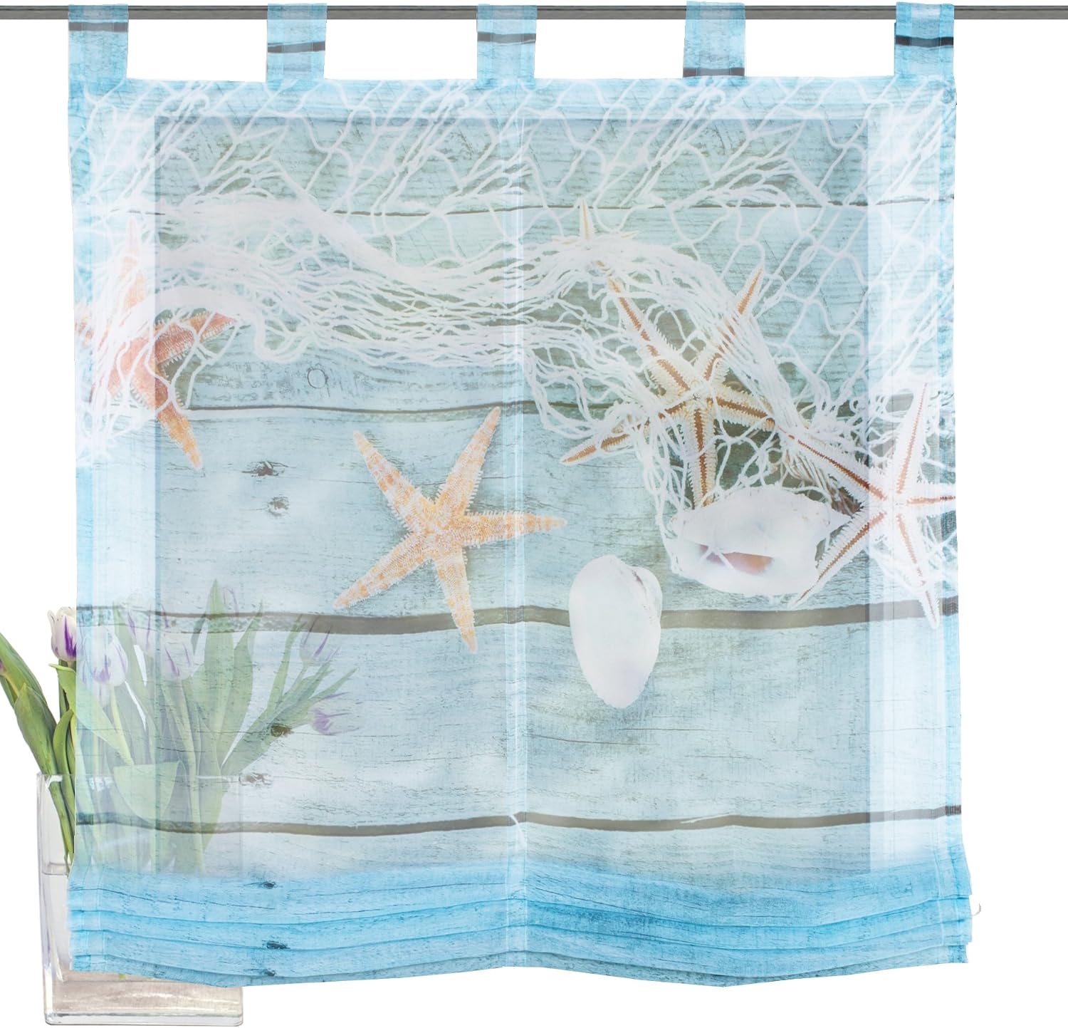 Home Fashion Looped Roman Blind Voile Digital Print Maritime Polyester Blue 140 x 80 cm, 140W x 80H cm
