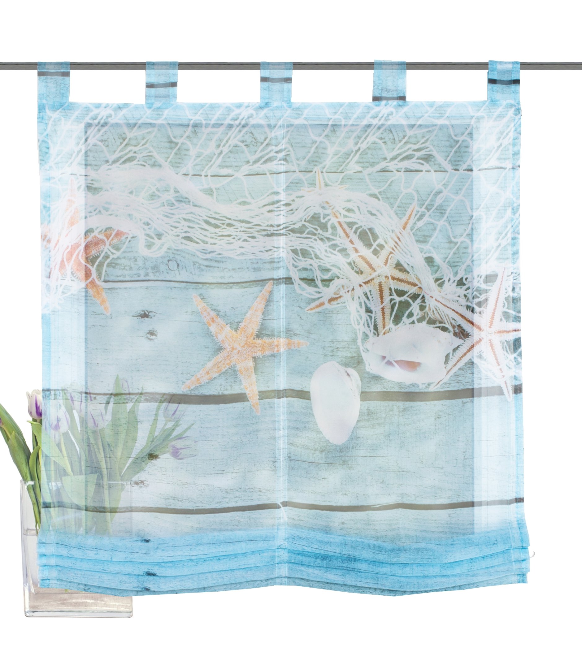 Home Fashion Looped Roman Blind Voile Digital Print Maritime Polyester Blue 140 x 80 cm