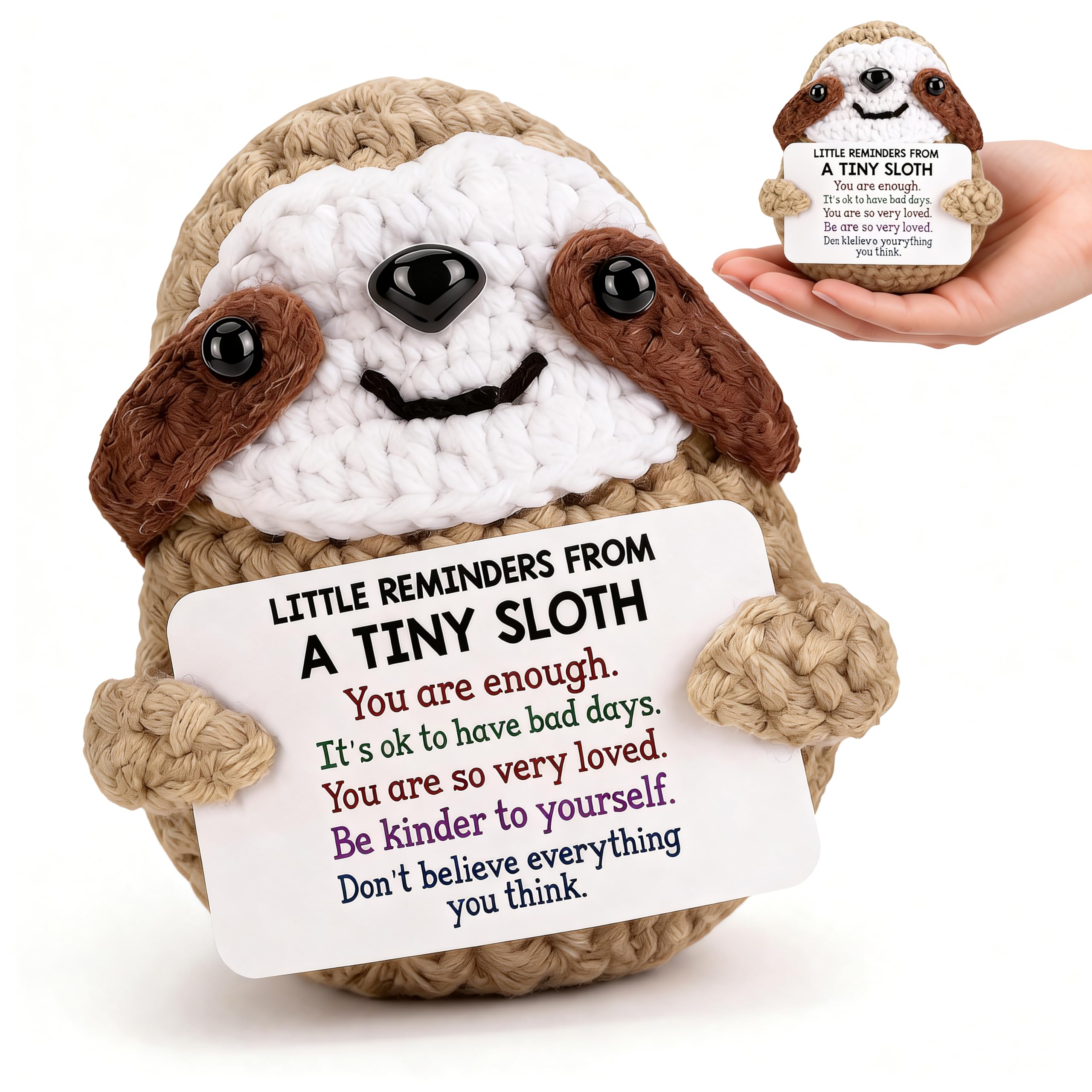 QiiWuic Positive Gifts to Cheer Someone Up,Emotional Support Gift for Daily Positivity, Handmade Crocheted Sloth Teddy for Desk Decor and Stress Relief, Motivational You've Got This Gift