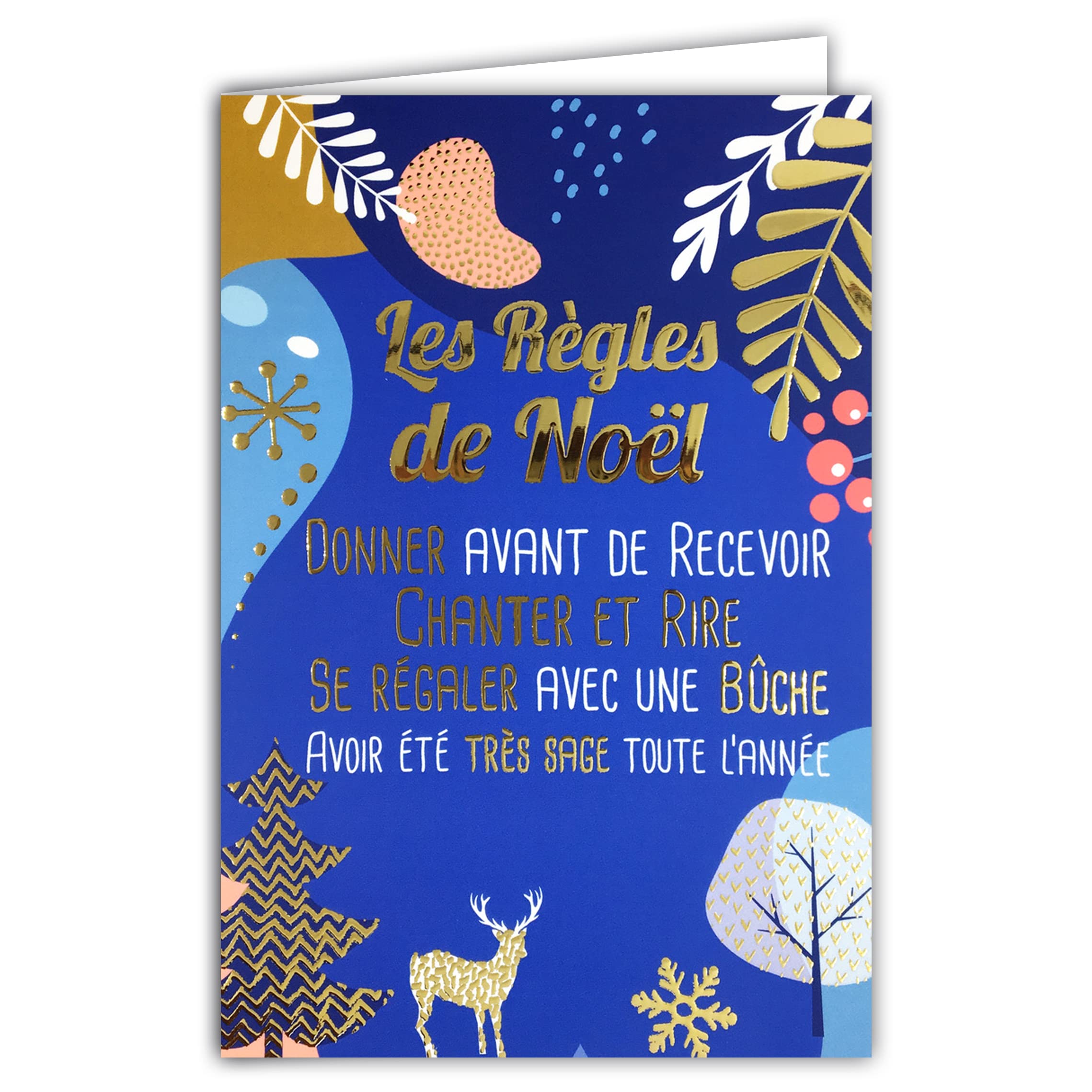 Afie 61-5651 "Joyeux Noël Greeting Card in Gold Shiny Glitter Flamboying Rules for Logs Reindeer Fir Flocon Fest from End of the Year - White Envelope