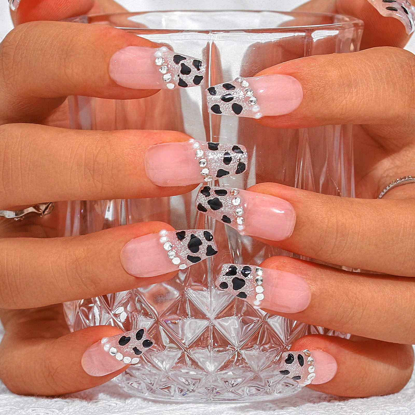 Sethexy French Long Coffin Pink False Nails Handmade Rhinestone Pearl Glossy Fake Nails Leopard Print Press On Nails Acrylic Glitter Salon Quality Nail Art Removable for Women and Girls(L)