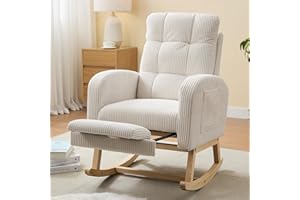 NIOIIKIT Nursery Rocking Chair, Corduroy Upholstered Rocking Chair with Adjustable Footrest, Tufted Rocker Chair with Side Pocket, Glider Rocker for Living Room, Bedroom (Cream Retro)