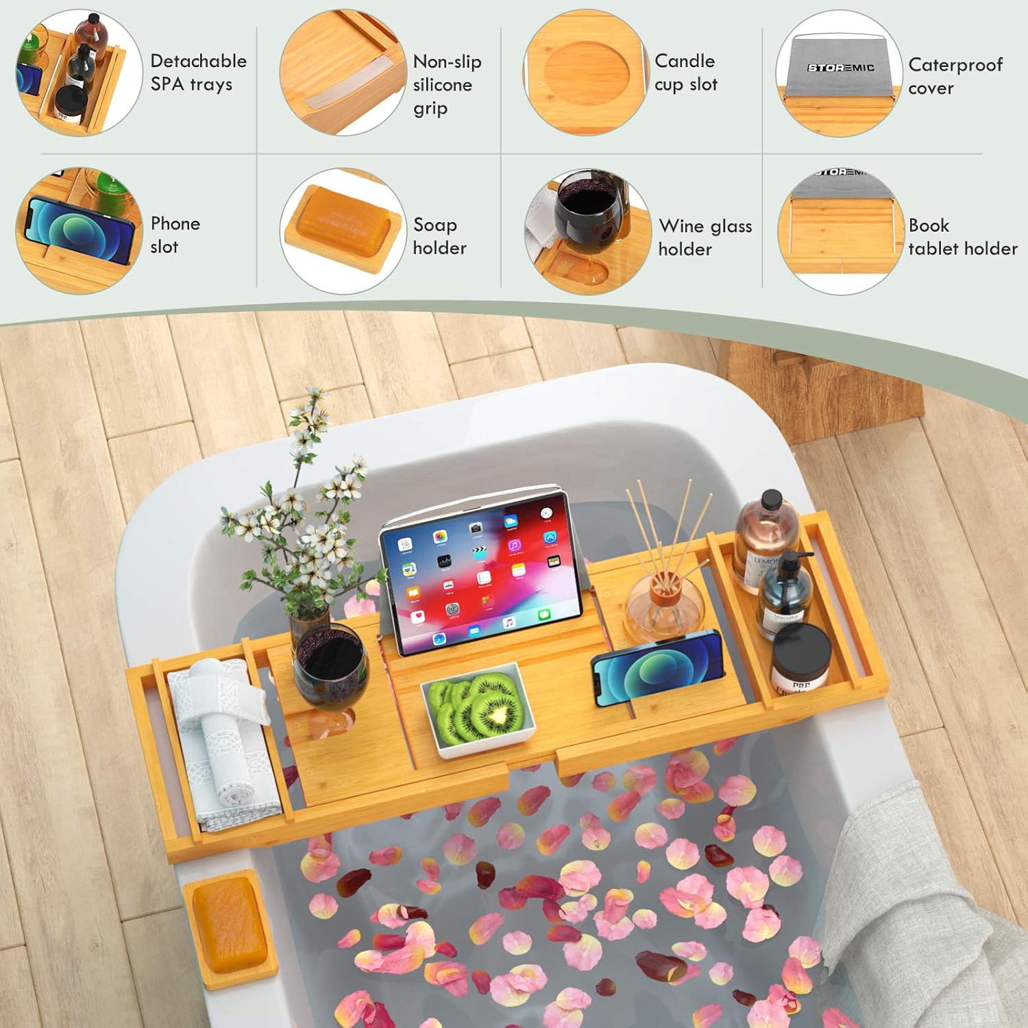 STOREMIC Bathtub Tray Caddy Expandable 29.5-44 Inch Bamboo Bath Tray for Tub with Wine Glass Book Holder Free Soap Holder Romantic Gift: Home & Kitchen