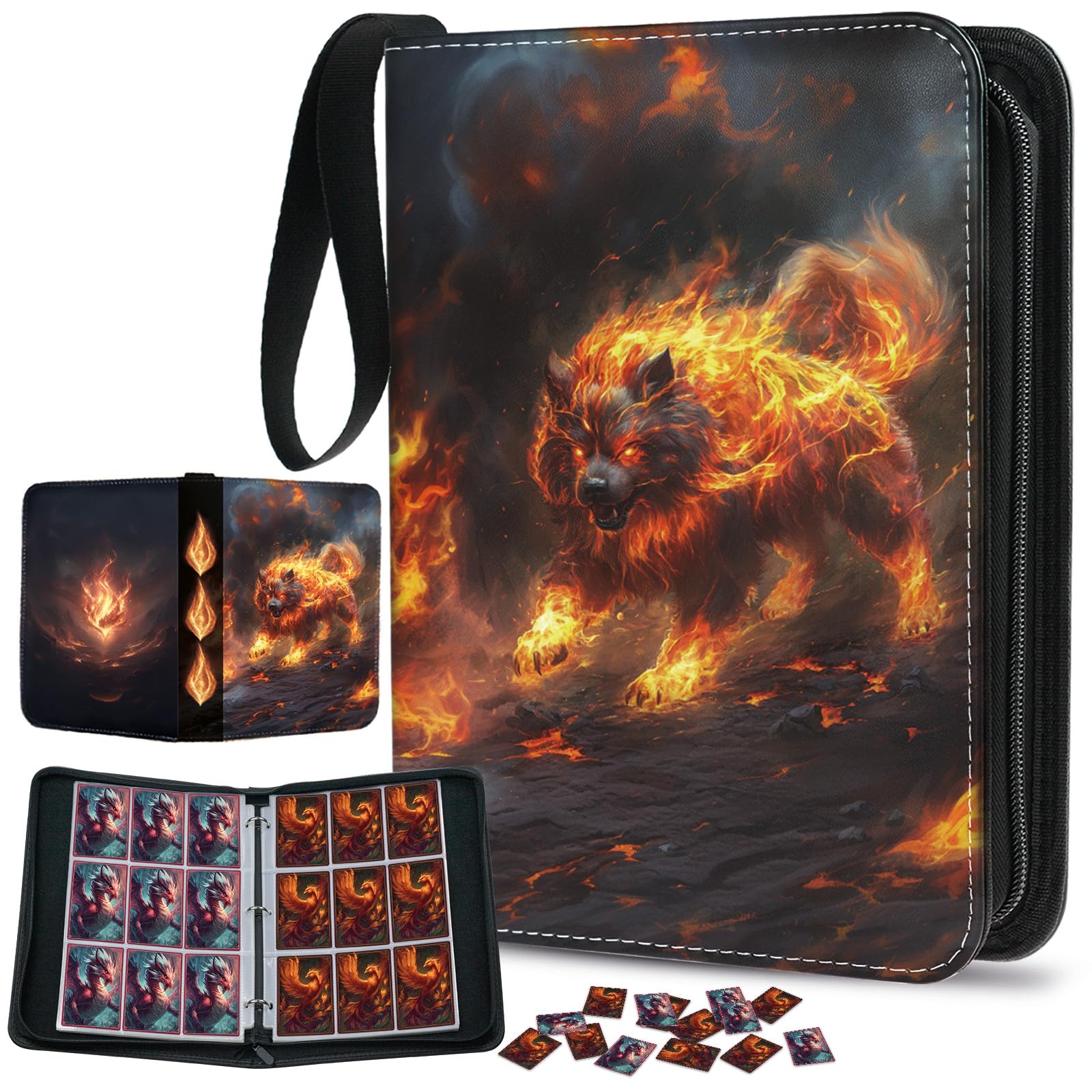 Trading Card Binder 9-Pocket Holds 900 Cards with 50 Removable Sleeves, Zipper PU Leather Collector Album Portable Card Holder with Wrist Strap, Gift for Boys Girls Kids Friends (Magma Sentinel)