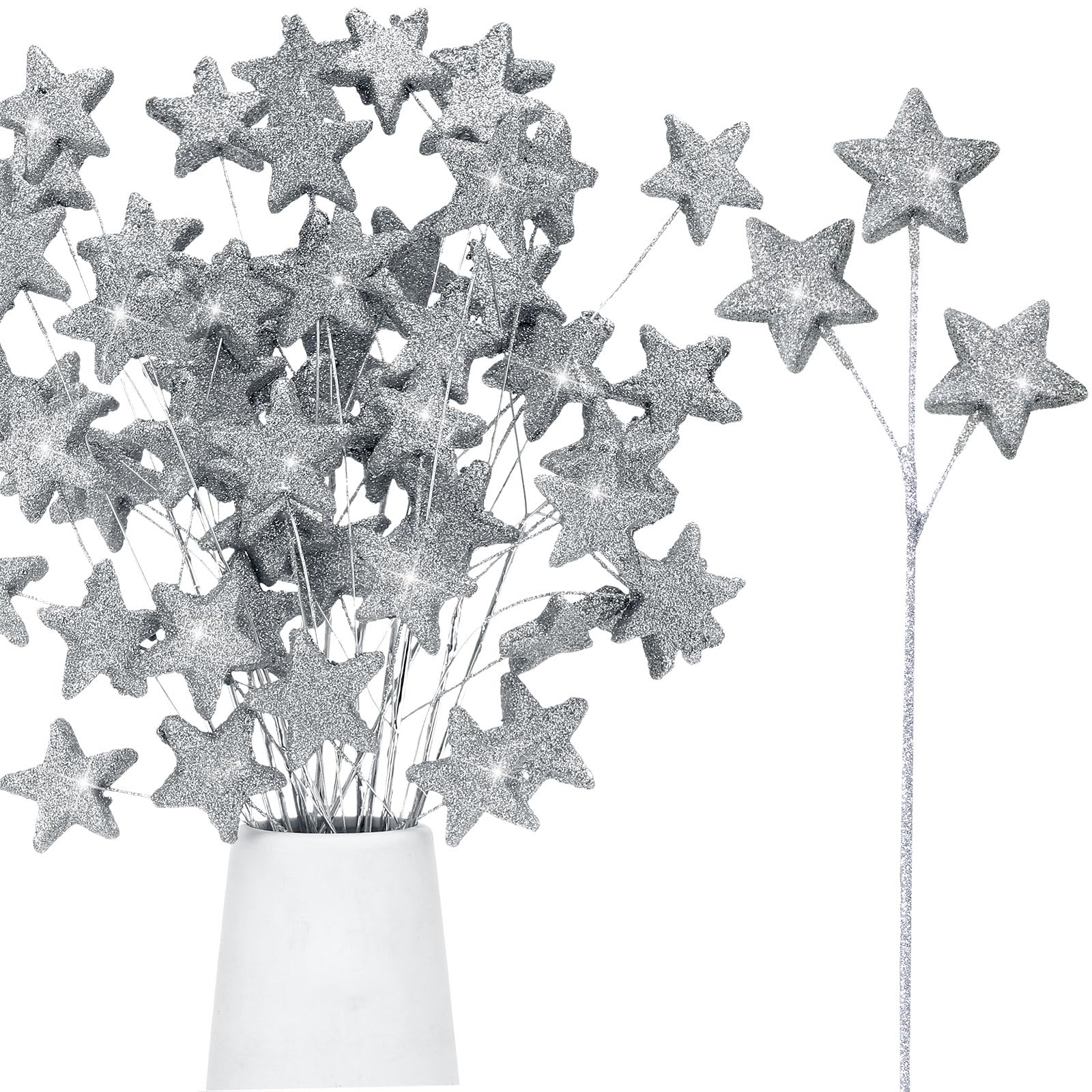 Photo 1 of Wavwavw 24 Pcs Glitter Star Picks 14.5 Inch Sparkly Star Stem Christmas Star Tree Picks Twinkle Star Sticks Foam Vase Decoration for Christmas Birthday Party Wedding Centerpieces(Silver)