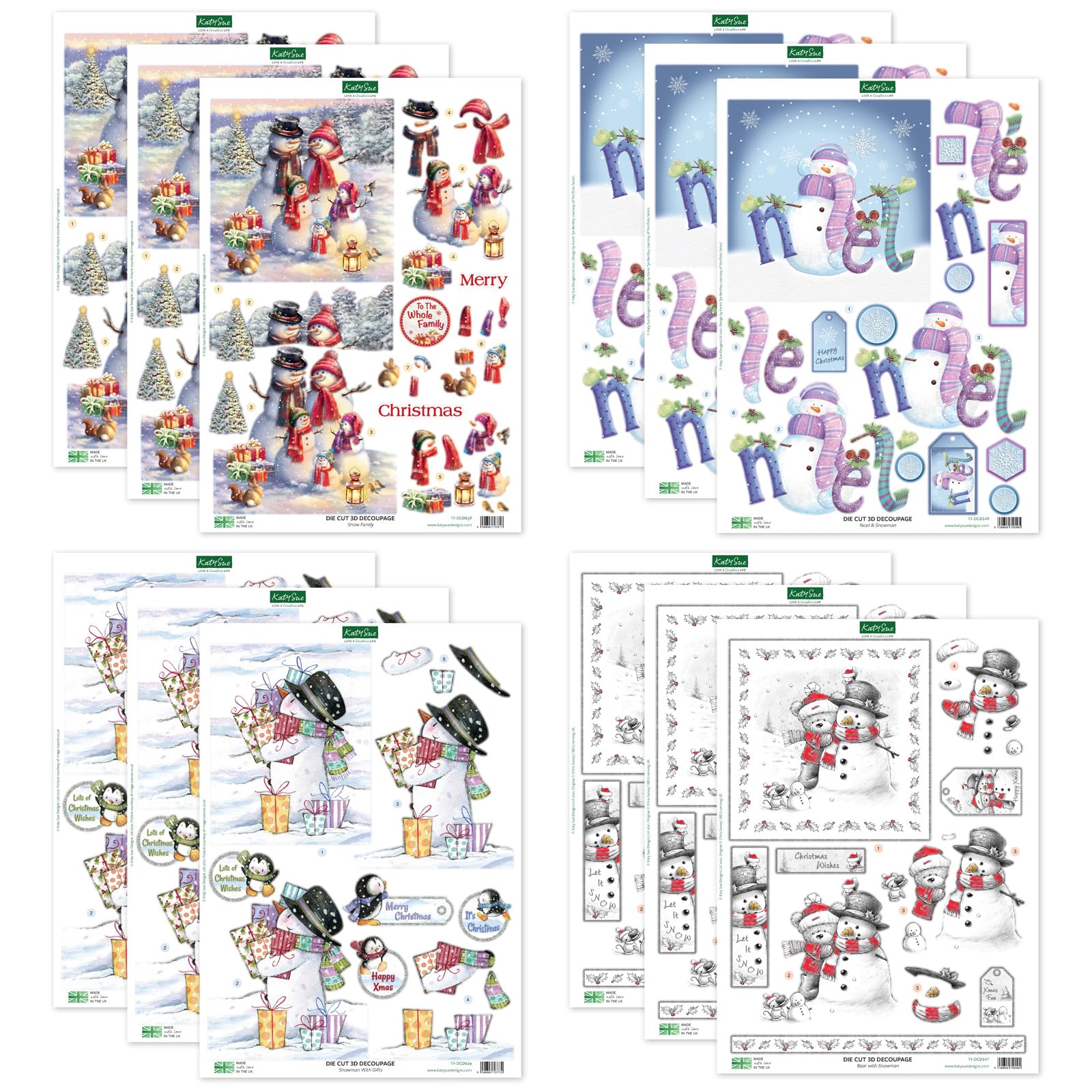 Katy Sue Snowman Selection Die Cut Decoupage Collection. 12 Sheets of Festive Die Cut Decoupage for Snowman-Themed Christmas Card Making Supplies