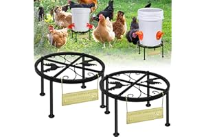 SYMDROMIA 2 PCS Metal Stand for Chicken Feeder Waterer, Thicker Iron Stand Holder with Gold Metal Chicken Tag, Round support rack for Buckets Barrel with Feeder Waterer Ports, for Coop Poultry Indoor Outdoor