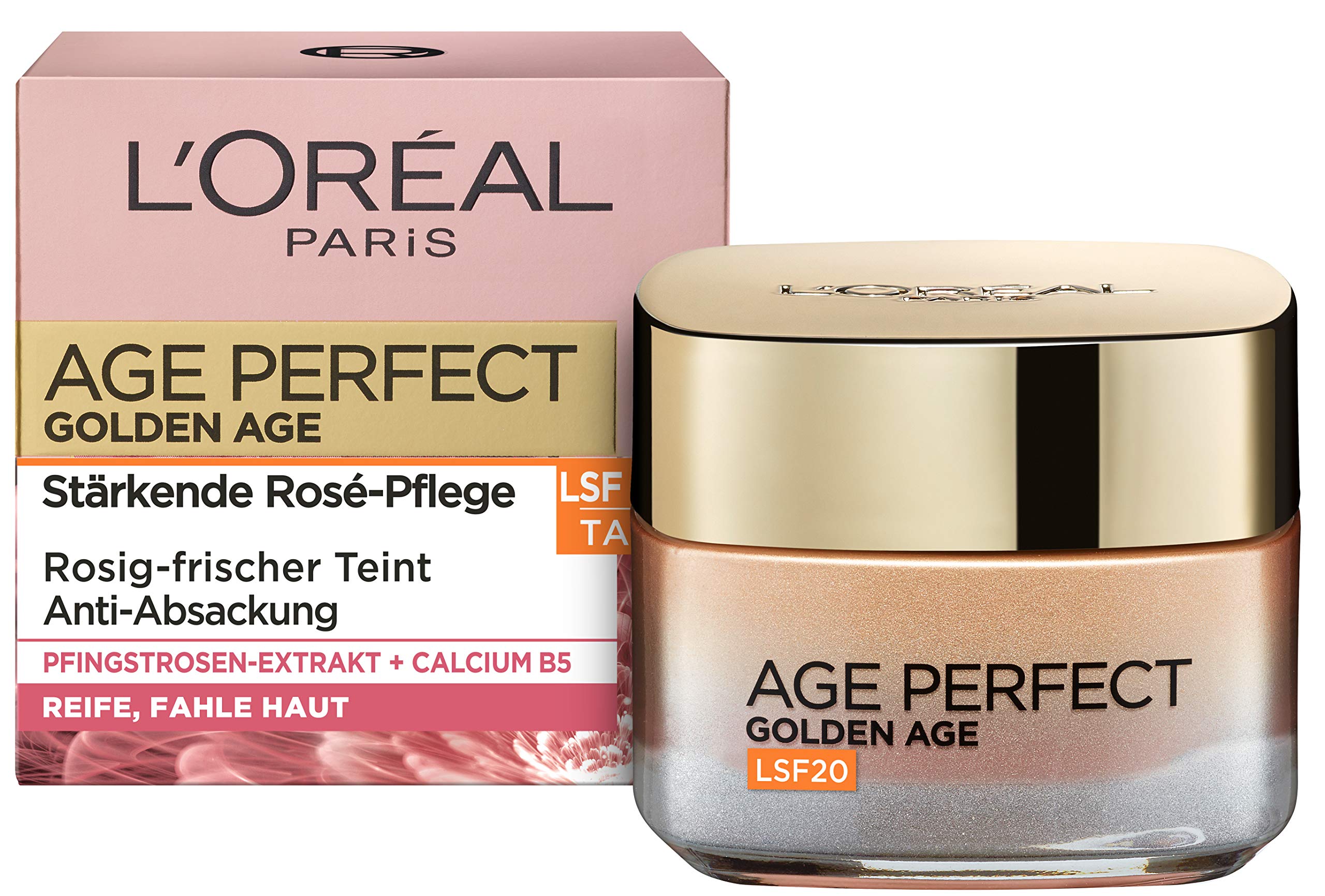 L'Oréal Paris Tagespflege, Age Perfect Golden Age, Anti-Aging Gesichtspflege, Festigung und Glanz, Für reife und fahle Haut, LSF 20, Mit Pfingstrosen-Extrakt, 50 ml