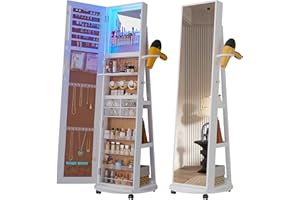HNEBC 360° Swivel Jewelry Armoire with Mirror, LED Mirror Jewelry Cabinet Standing, Full Length Mirror with Jewelry Storage, Standing Jewelry Organizer/Lockable Wheels/Foldable Makeup Shelf (White)