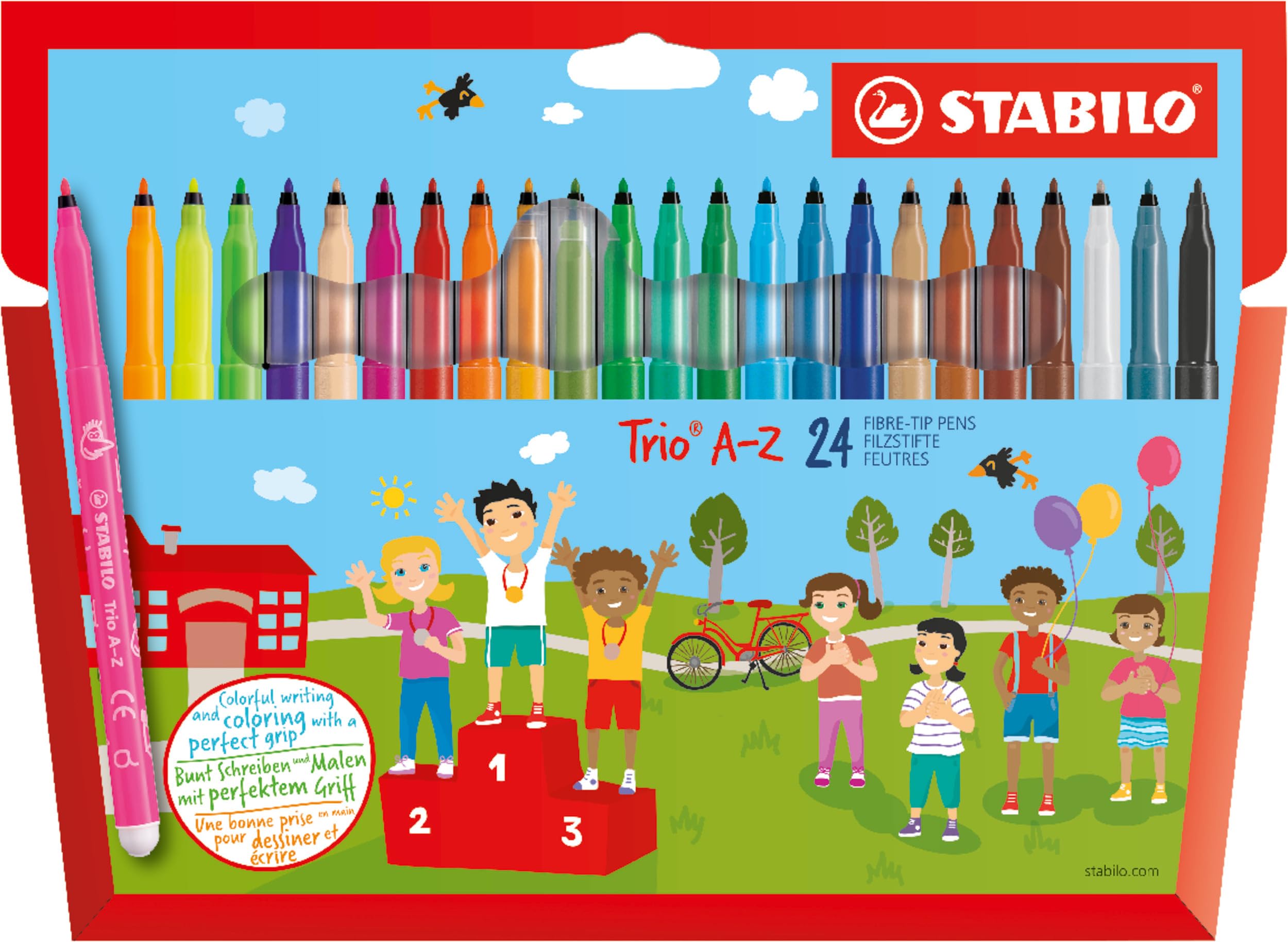 STABILO Trio A-Z - Fibre-Tip Pen with Triangular Grip Zone - Pack of 24 - Assorted Colours including 4 Neon Colours