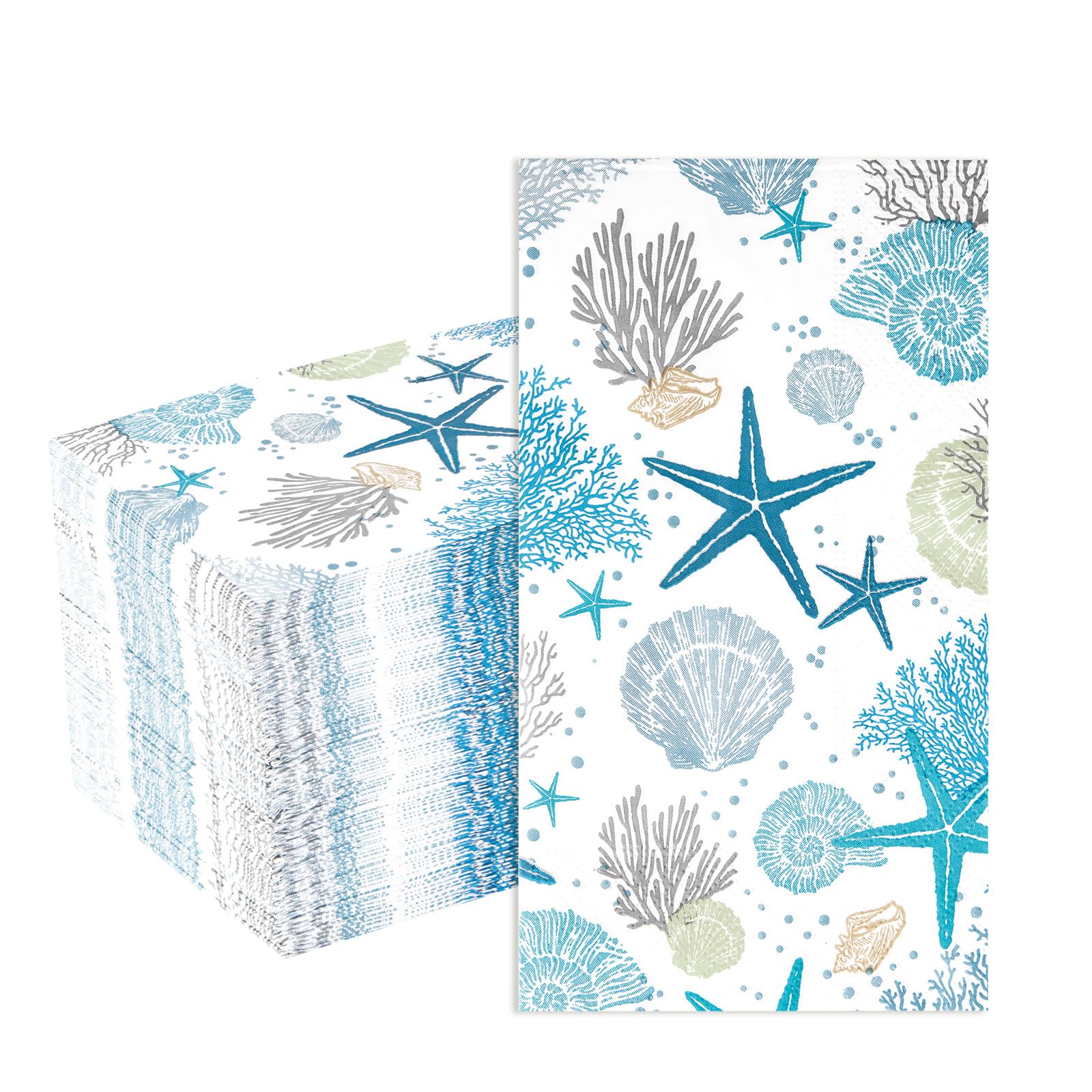Photo 1 of 100 Pcs Ocean Coastal Paper Napkins 3 Ply Blue Sea Starfish Seashell Coral Disposable Absorbent Hand Towels Beach Guest Bathroom Napkins for Nautical Wedding Lunch Dinner Birthday Party Supplies