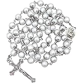 Nazareth Store Wedding White Pearl Beads Rosary Handcrafted Prayer Necklace with Holy Soil Medal and Jesus Cross Crucifix
