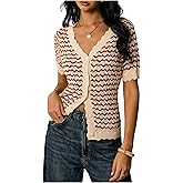 Verdusa Women's Striped Button Down Cardigan V Neck Short Sleeve Scalloped Knitted Sweater