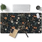 Cute Dark Floral Desk Mat Vintage Flowers Plant Mouse Pad XXL Large Extended Gaming Mousepad Women Office Decor Desk Pad, Big Laptop Computer Keyboard and Mouse Mat with Stitched Edges, 31.5x15.7 in