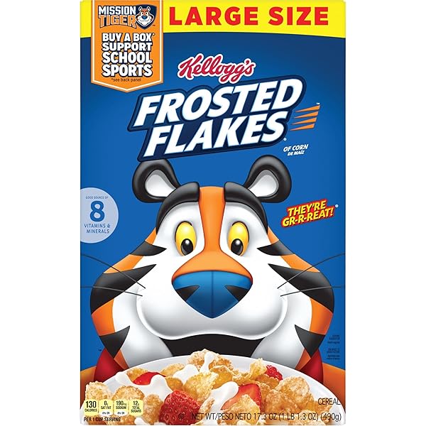 FROSTED FLAKES BREAKFAST CEREAL, 8 VITAMINS AND MINERALS, KIDS SNACKS, LARGE SIZE, ORIGINAL, 17.3OZ BOX (1 BOX)