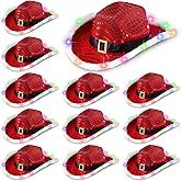 Chuarry 12 Pieces Light Up Santa Claus Cowboy Hats Set, LED Christmas Cowgirl Hat, White and Red Cowboy Hats (Colored Lights,Sequin Style)