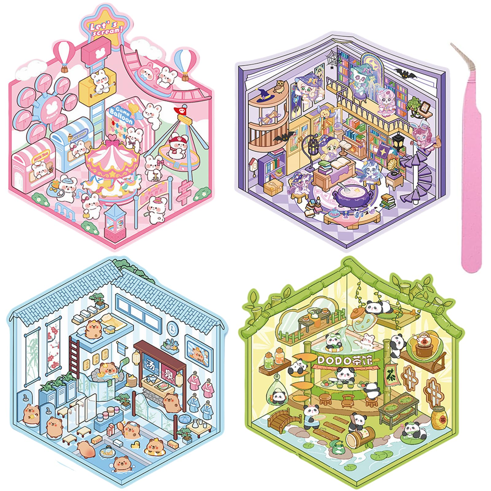 Wnqou 4 Sets DIY 3D House Stickers with Adorable Panda Teahouse & Miniature Hot Spring Cottage Scenes - Cute Cartoons for Adults, Kids, Fun Magic House Sticker Games for Girls
