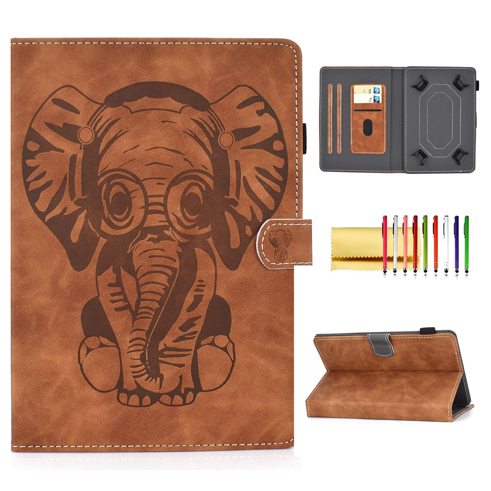 Universal 9.6-10.5 inch Tablet Case, Techcircle Elephant Embossed Slim Fold Stand Magnetic Cover with Card & Pen Holder, for Galaxy Tab S4/S5e/S6, Tab A 10.1 & Most 10-inch Tablet Computers, Brown