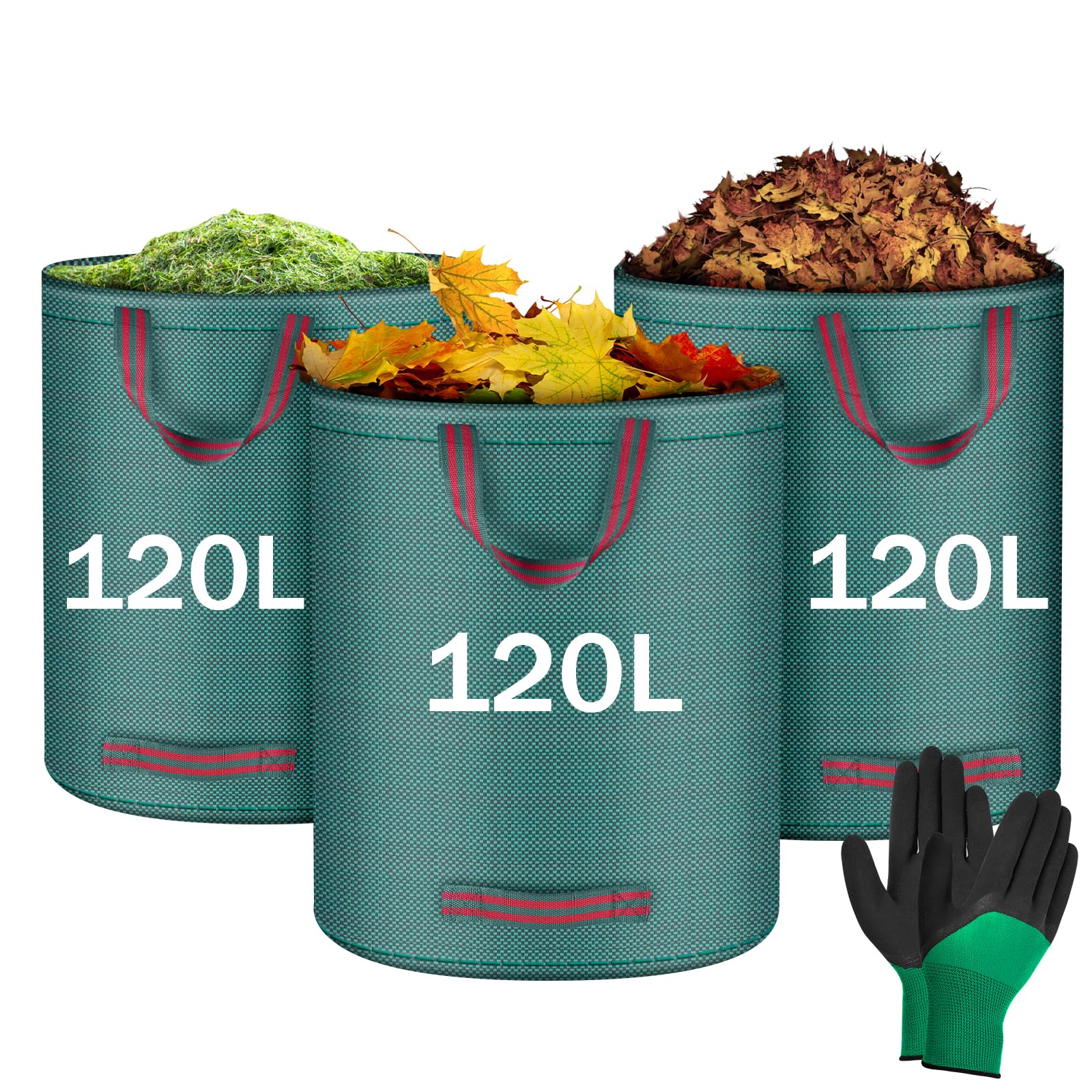Flintronic 3Pcs 120L Heavy Duty Garden Bags,Reusable Gardens Sacks with 1 Pair of Work Gloves,Green Waste Sack with Handles, Tools Bags for Garden Waste Plant Waste Grass Leaves