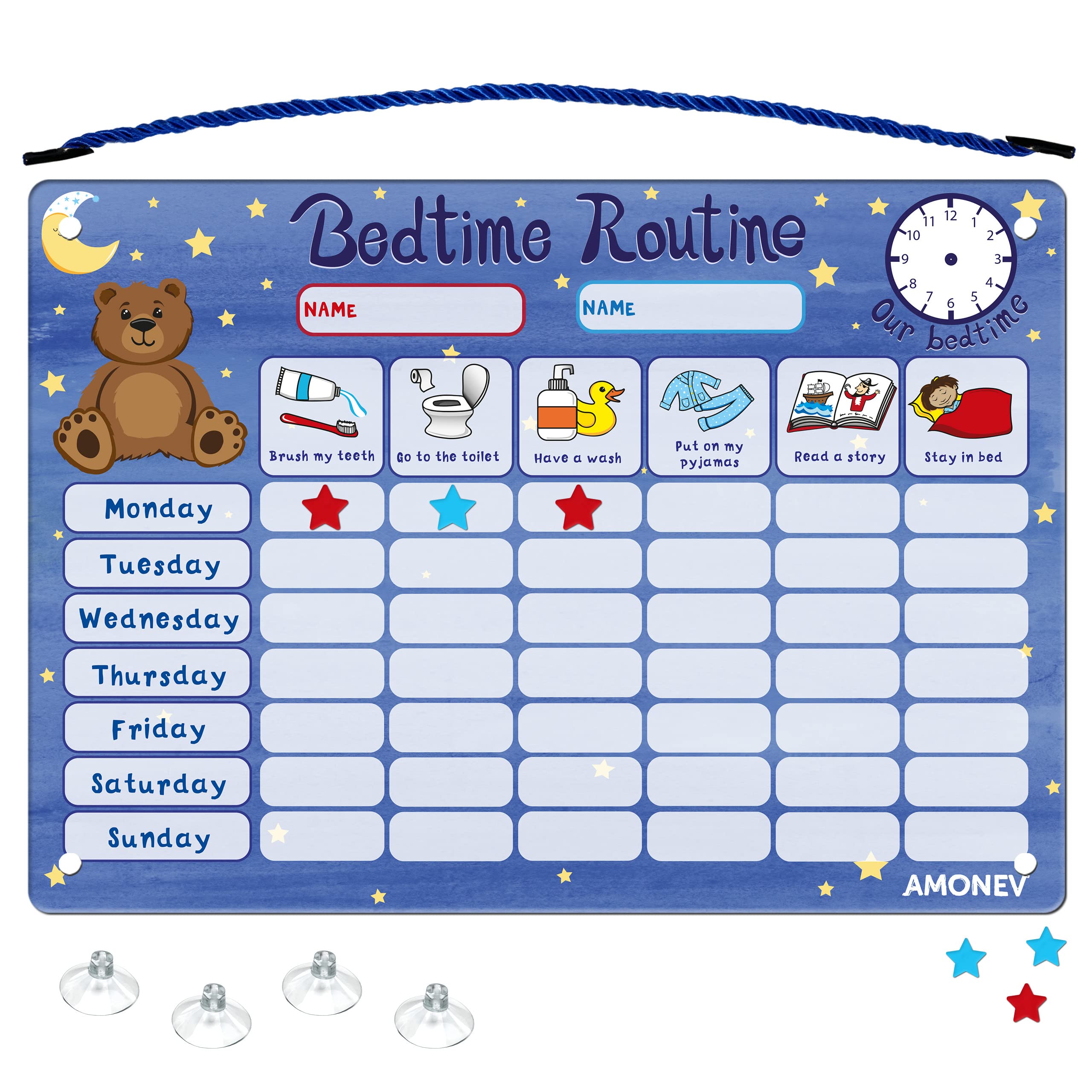 Amonev Magnetic Bedtime Routine Chart Reward Chart and Sleep Trainer Stay in Bed Chart for Boys Girls Toddlers and Young Children with 50 Magnetic Stars Included