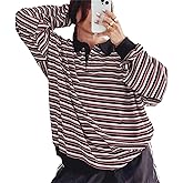 Women Striped Rugby Polo Shirt Lapel Collar Vintage Oversize Long Sleeve Pullover Y2k Tee Casual Sweatshirt