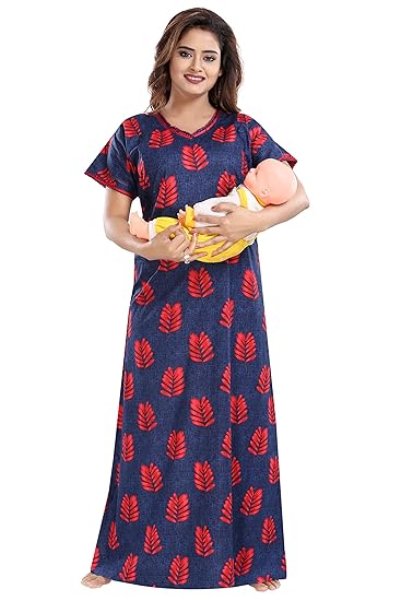 Women's Navy Invisible Zip Feeding/Maternity Cotton Nighty/Night Gown.(Size:Free Length:54