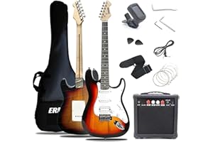 Ermik Soild Body Electric Guitar Kit with Amp 20W, Strings, Strap, Digital Tuner, Picks, Gig Bag, Cable, Tremolo Bar, 39" Full Size Guitar HSS Pickups Guitarra Electrica Beginner Gift - Sunburst
