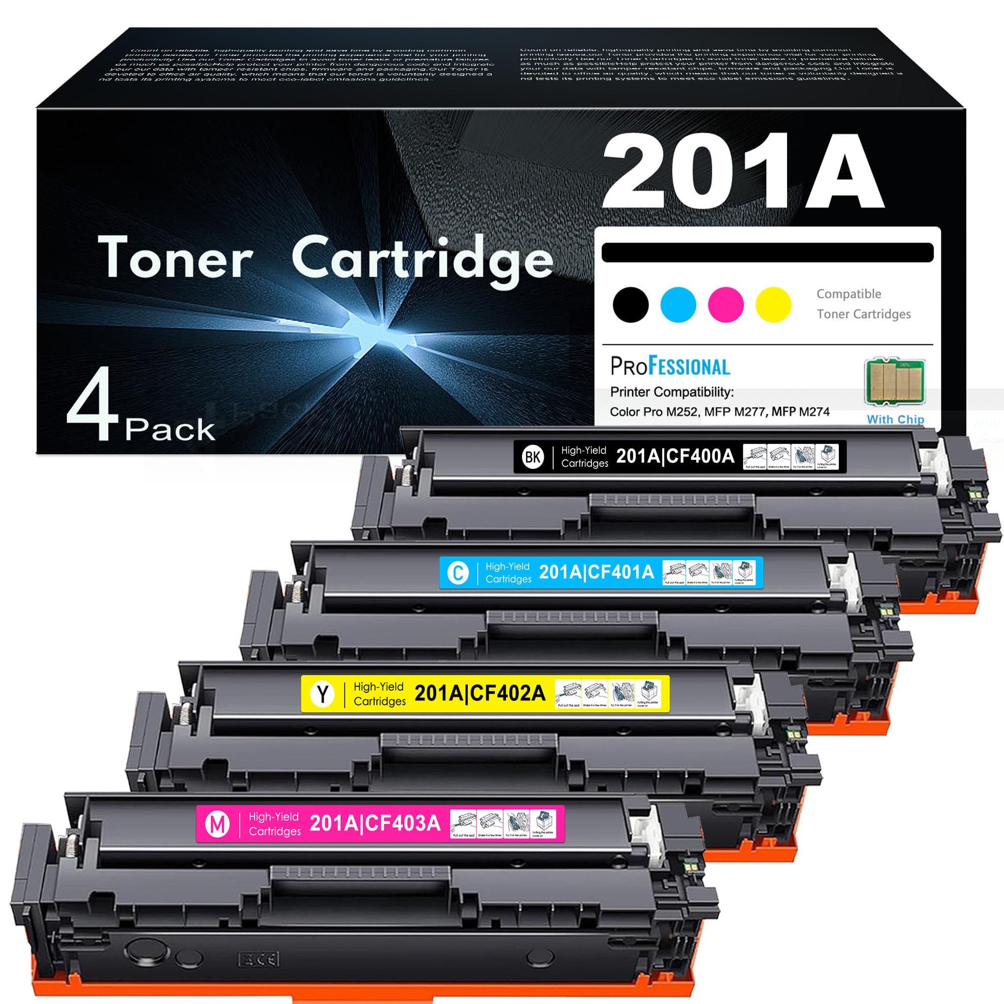 Photo 1 of 201A Toner Cartridges 4 Pack Replacement for HP 201A 201X Color Pro MFP M277dw M252dw M277n M277c6 M252n M277 Printer (CF400A, CF401A, CF402A, CF403A)