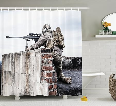 War Home Decor Shower Curtain Army Sniper Warrior Targeting On Roof During The Operation Commando Task Theme Fabric Bathroom Decor Set With Hooks Multi Amazon Co Uk Kitchen Home