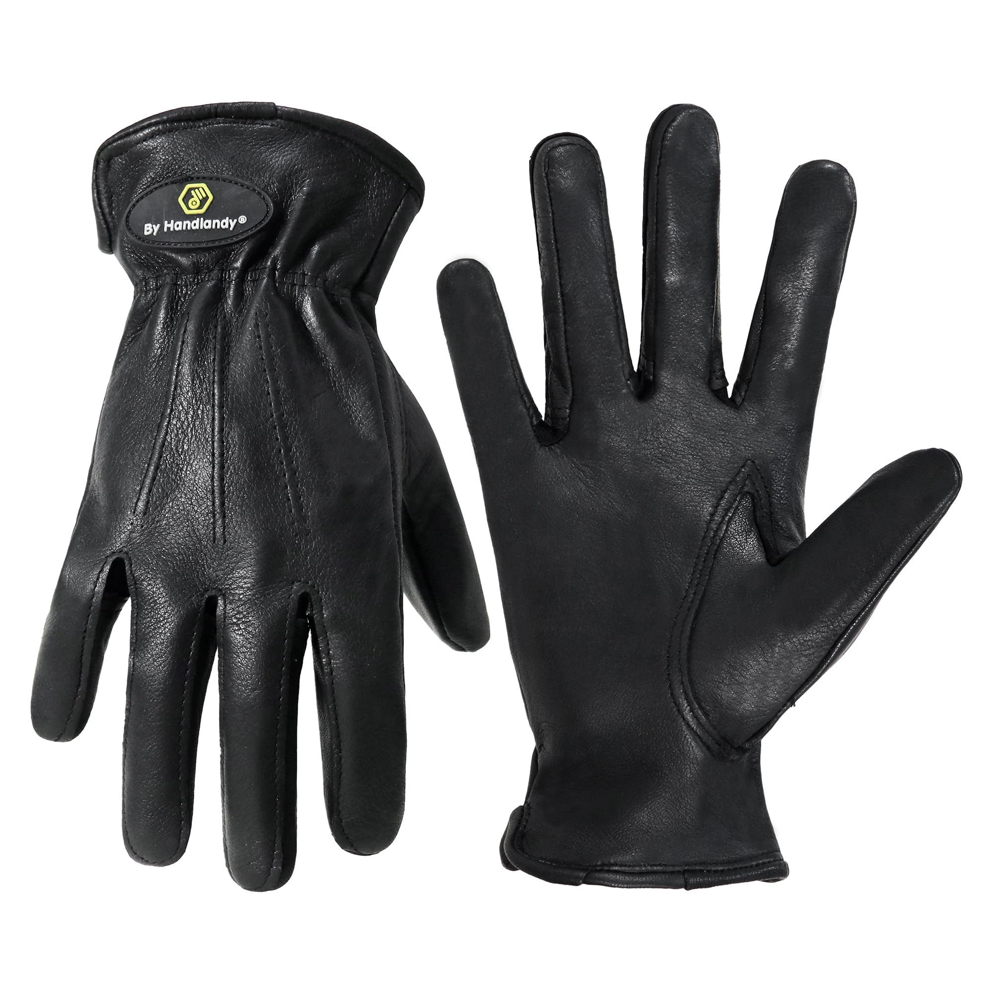 HANDLANDY Leather Gardening Gloves for Men and Women, Utility Leather Work Gloves Breathable Garden Yard Mechanic Working Gloves (Black, M)