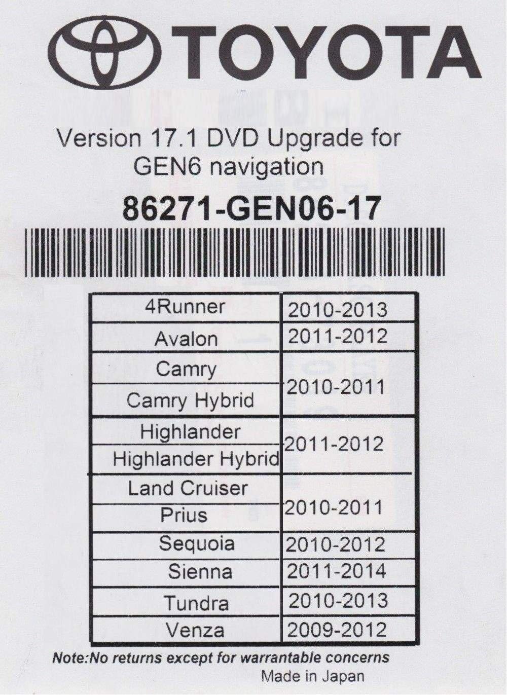 Amazon Com 2018 Toyota Navigation Dvd Gen 6 U99 17 1 Map Gps Update Electronics