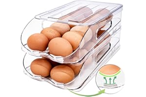 SMRCAD Egg Holder for Fridge, Automatic Steady Rolling Egg Container with Soft Bumpers & Handle for Refrigerator, Stackable Fridge Organizers and Storage with Lid
