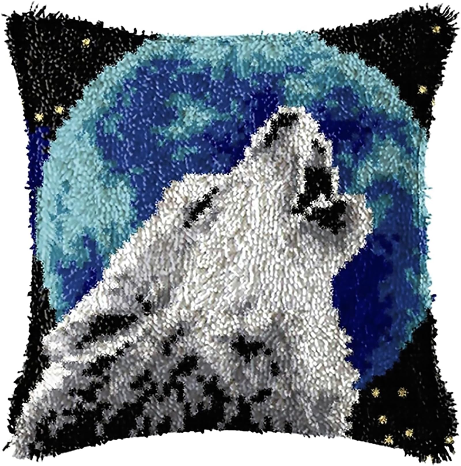 ZFFLYH Latch Hook Kits DIY Throw Pillow Cover Sofa Cushion Cover Cushion Cover Embroidery Craft Kit for Adults And Beginners Pattern Printed Canvas Creativity Crochet Gift 17X17 Inch,Moon Wolf — image 1