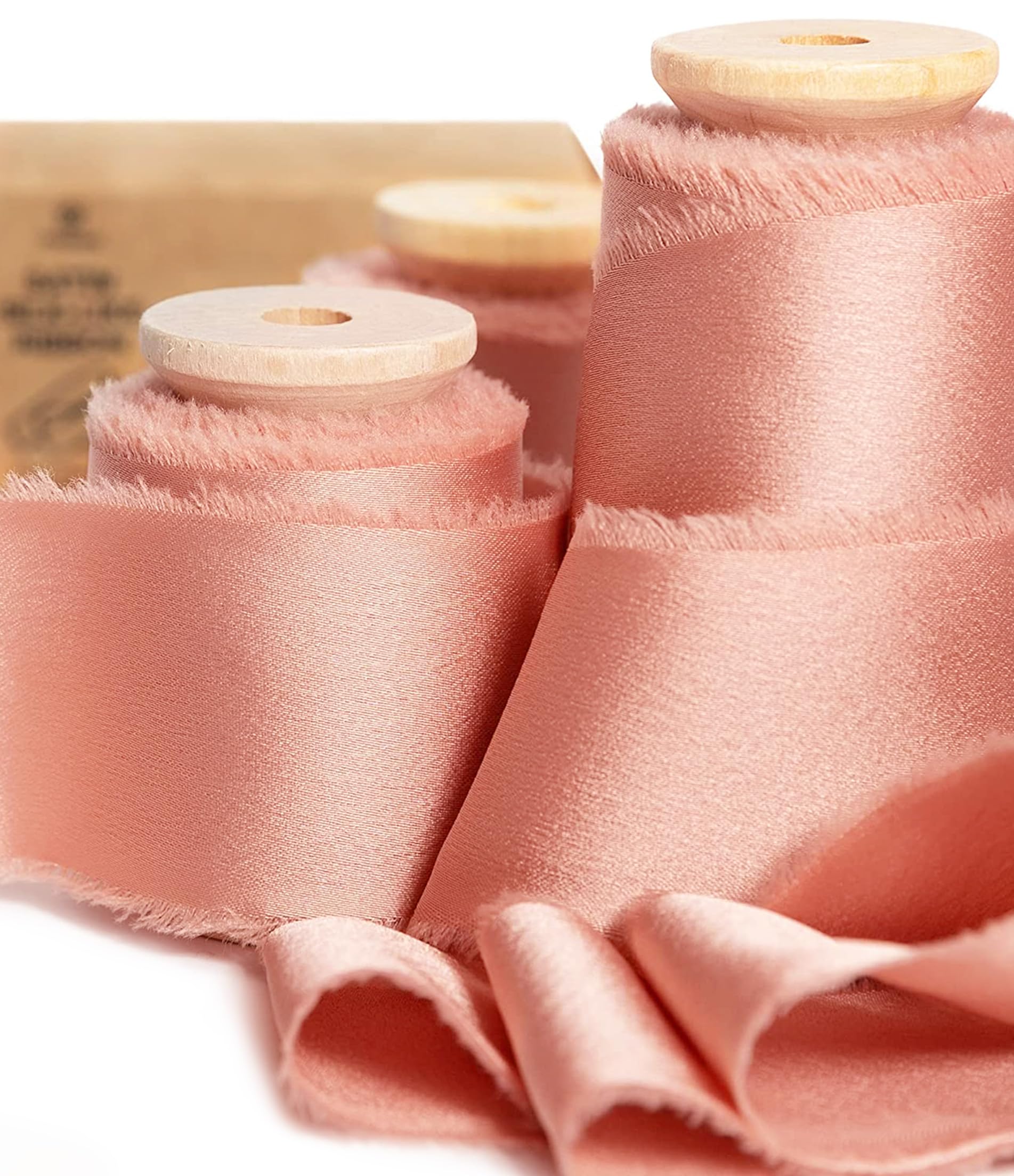 Vitalizart Pink Silky Satin Ribbon, 1.5'' x 15 Yard with Wooden Spool, Handmade Fringe Chiffon Ribbons for Gift Wrapping, Festive Decoration, DIY Craft, Wedding Bridal Bouquet