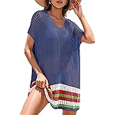 Dokotoo Women's Swimwear Beach Bikini Swimsuit Color Block Cover-ups Crochet Striped Side Split Mini Dress