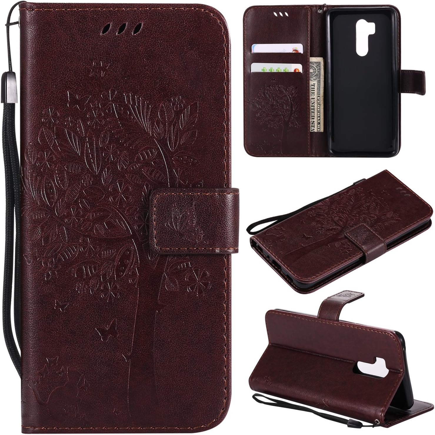 LG G7 ThinQ Case,LG G7 Wallet Case with Screen Protector,LG G7 ThinQ PU Leather Protective Case Emboss Cat and Tree Folio Magnetic with Card Holder Kickstand and Flip Case for LG G7 ThinQ Brown