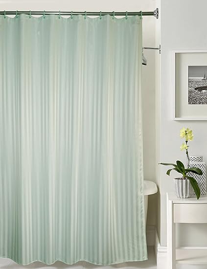 Lushomes Polyester Blend Thick Striped Water Repellent 185 x 205 cm Shower Curtain with 12 Eyelets and 12 C-Hooks-Light Green