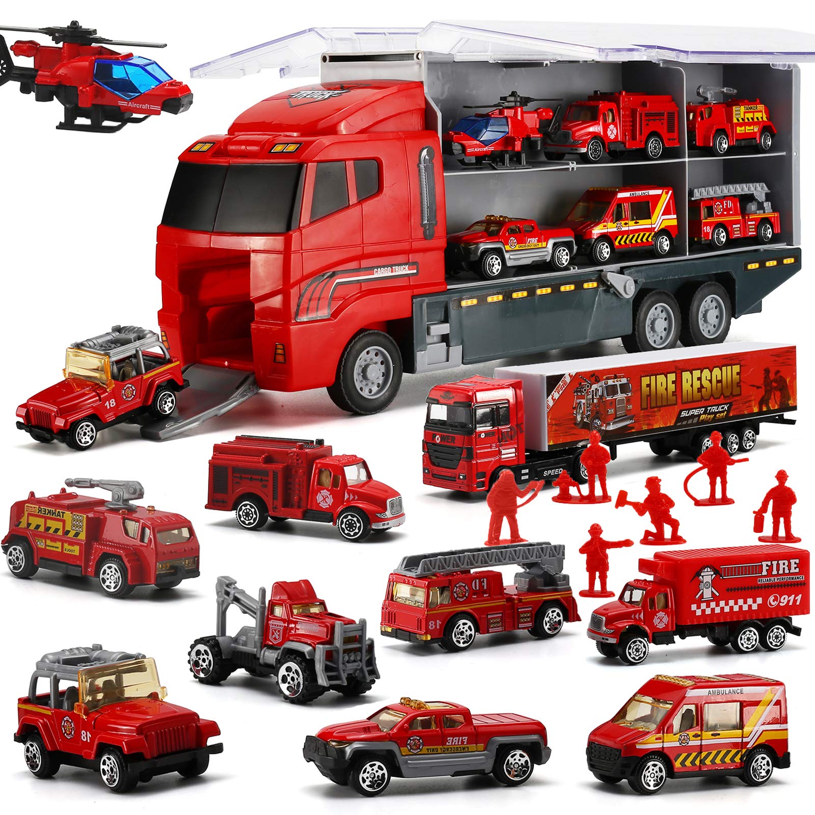 19 PCS Camión de bomberos con Juego de juguetes de bombero, Mini Carrero de Bomberos de Cast Die en camión transportador, Mini Rescue Emergency Double Transport Vehicle para niños Favores de fiesta de Navidad para niños