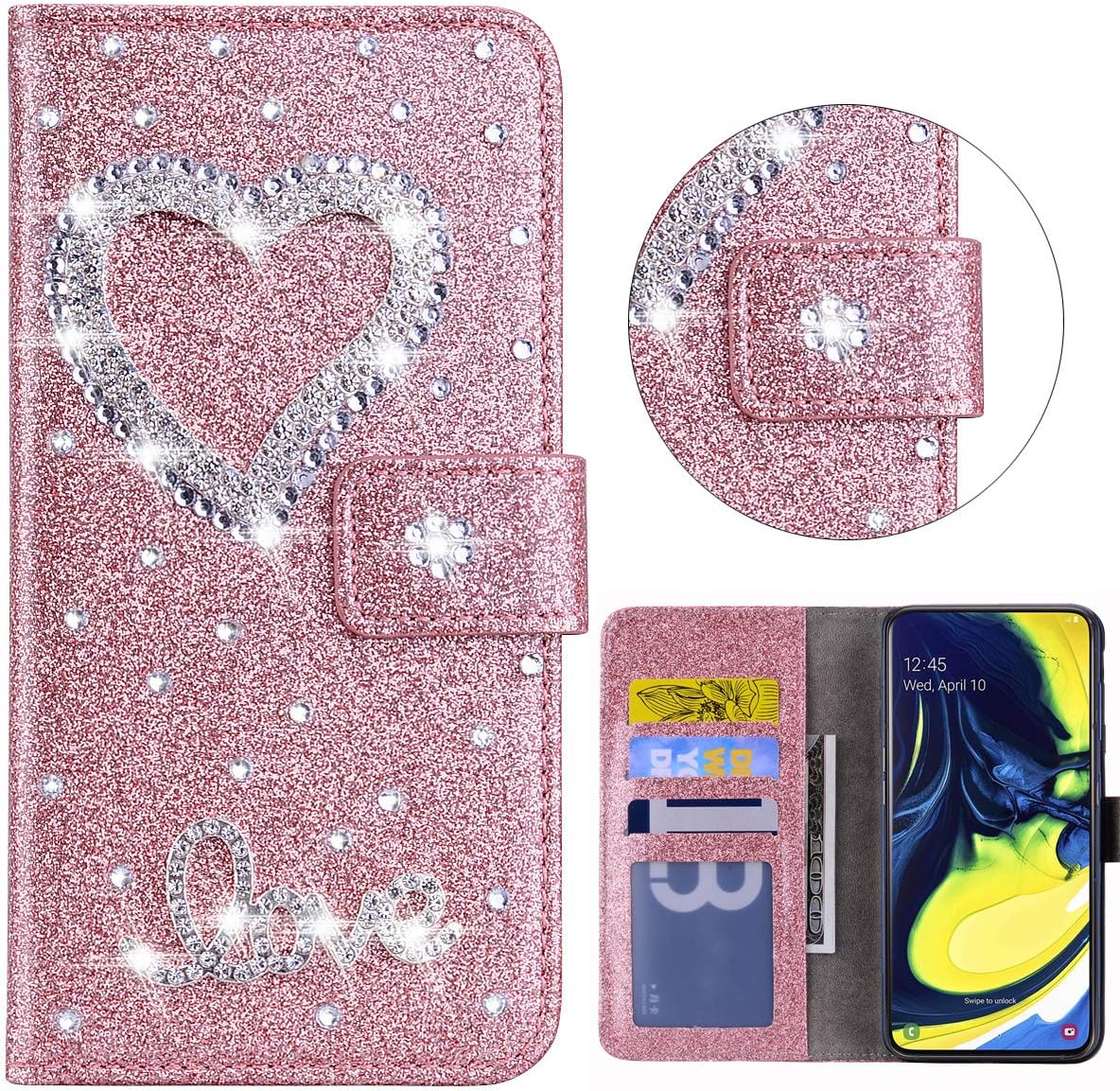 Xifanzi Bling Wallet Case for Samsung Galaxy A80 Pocket Case Rose Gold Glitter 3D Diamond Heart Bling Glitter Pattern PU Leather Folio Flip Case Kickstand Magnetic Book Wallet for Samsung Galaxy A80