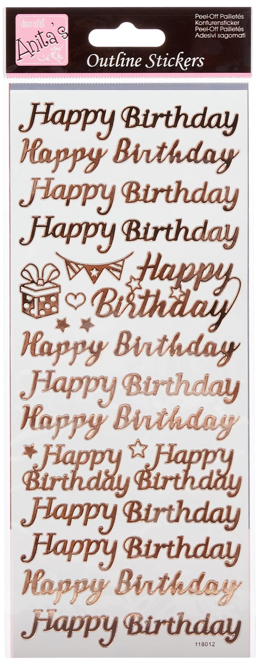 Anitas Outline Stickers, Happy Birthday, Rose Gold on White, For Scrapbooking, Card Making, Kids Play, Homework, Art, Craft, Embelish, Decorative, Paper, Card, Glass, Metal, Plastic, Foam