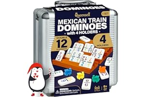 Queensell Mexican Train Dominoes Set with Numbers and 4 Holders - Wooden Hub and Domino Holders - Double 12 with Numbers (D12 Numbers + 4 Holders)