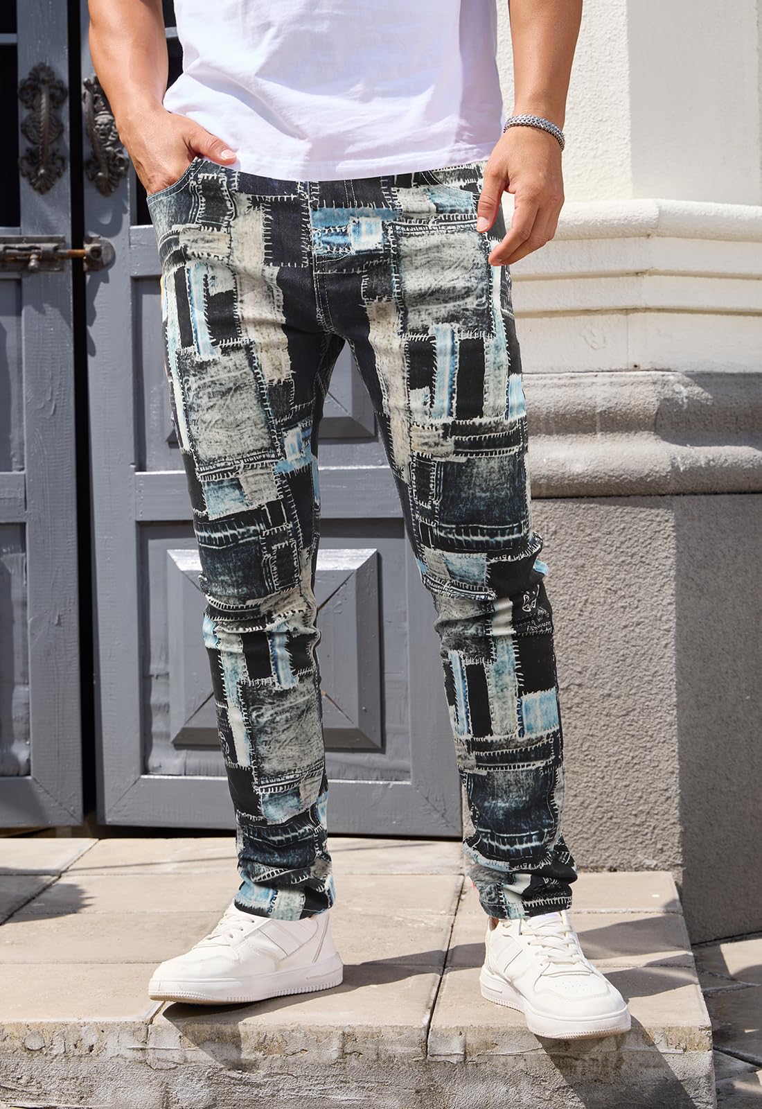 Gulots Men's Jeans Tie Dye Casual Printed Slim Fit Jeans Stretch Skinny Denim Pants for Men 30 Blue Plaid